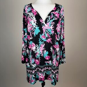 Pappagallo Floral V-Neck Tunic Top Black/Pink/Teal 3/4 Sleeve Womens XL Stretch